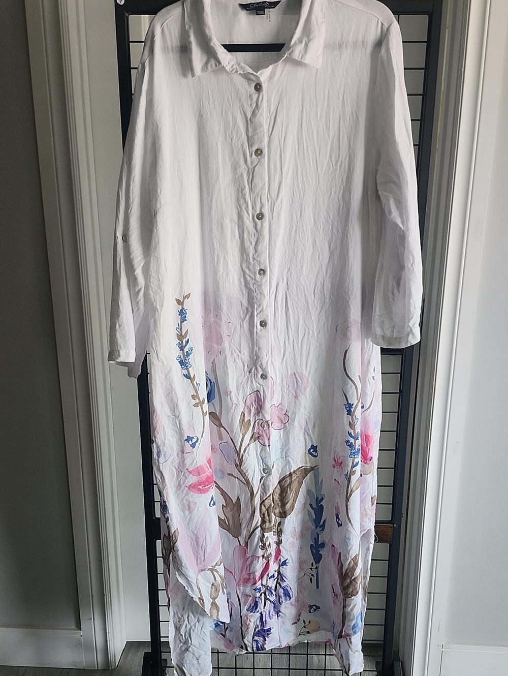 CHARLIE B White Lightweight Button-Front Duster/Dress 100 % Linen
